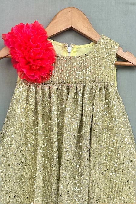 Label Neeti Gold Lycra, Cotton Sequins, Applique Floral Shimmer Dress Online at Aza Fashions Label Neeti_Gold Lycra, Cotton Sequins, Applique Floral Shimmer Dress _Online_at_Aza_Fashions