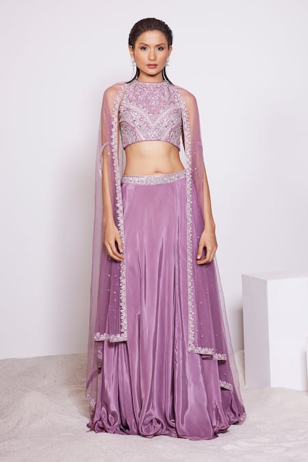 Panihari_Pink Silk, Crepe Cut Work Halter Neck Embroidered Top And Skirt Set _Online_at_Aza_Fashions