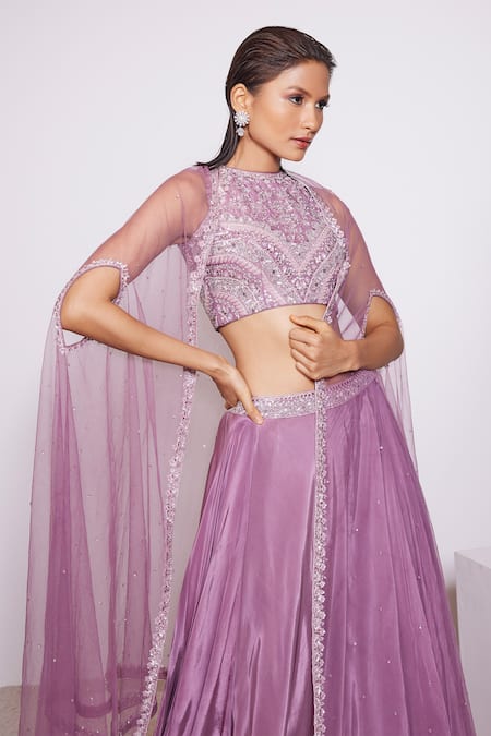 Buy_Panihari_Pink Silk, Crepe Cut Work Halter Neck Embroidered Top And Skirt Set _Online_at_Aza_Fashions