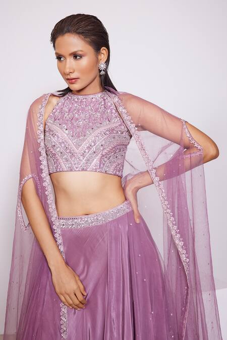 Panihari_Pink Silk, Crepe Cut Work Halter Neck Embroidered Top And Skirt Set _at_Aza_Fashions