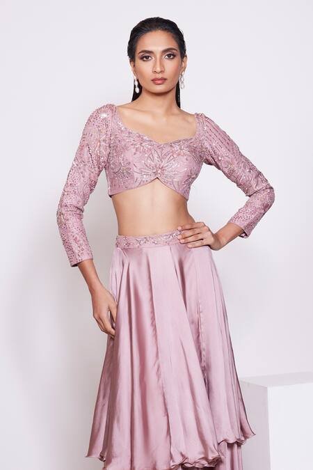 Panihari_Pink Silk, Satin Sequins, Cut Floral Embroidered Blouse With Two Tiered Skirt _Online_at_Aza_Fashions