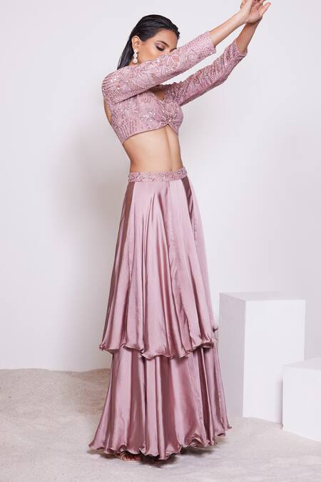 Buy_Panihari_Pink Silk, Satin Sequins, Cut Floral Embroidered Blouse With Two Tiered Skirt _Online_at_Aza_Fashions