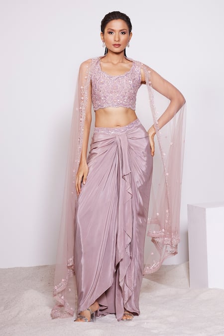 PANIHARI Pink Skirt Crepe Embroidered Sequin Round Neck Floral Blouse And Draped Set
