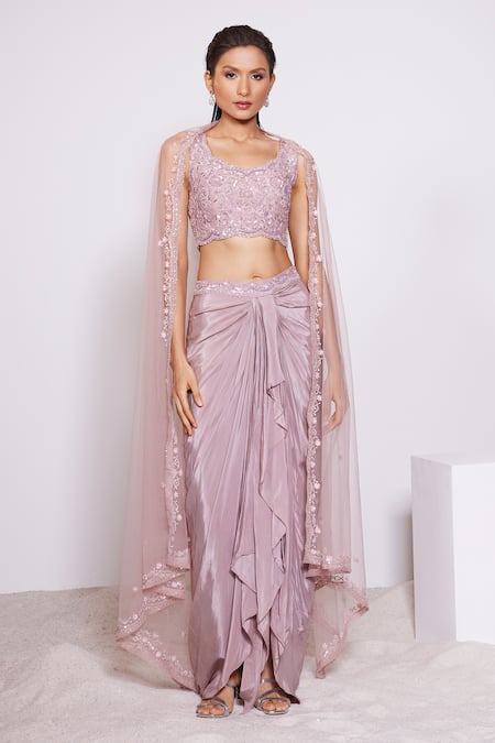 Panihari_Pink Silk, Crepe, Net Embroidery, Sequins, Floral Blouse And Draped Skirt Set _Online_at_Aza_Fashions