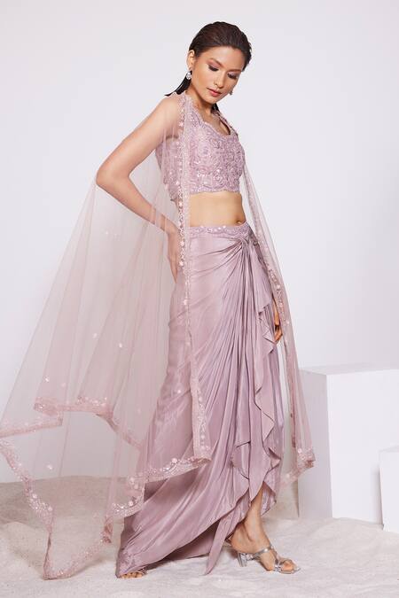Buy_Panihari_Pink Silk, Crepe, Net Embroidery, Sequins, Floral Blouse And Draped Skirt Set _Online_at_Aza_Fashions