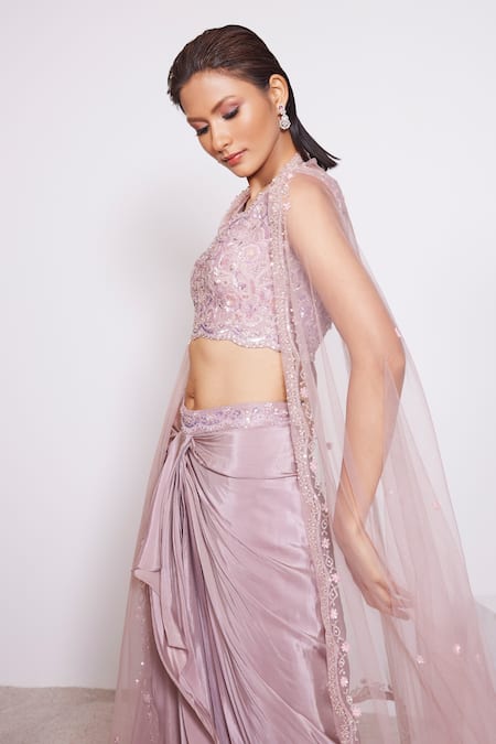 Shop_Panihari_Pink Silk, Crepe, Net Embroidery, Sequins, Floral Blouse And Draped Skirt Set _Online_at_Aza_Fashions