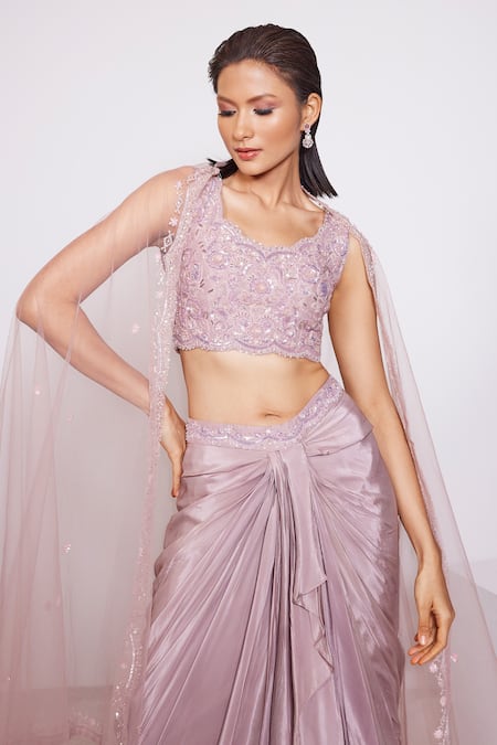 Panihari_Pink Silk, Crepe, Net Embroidery, Sequins, Floral Blouse And Draped Skirt Set _at_Aza_Fashions