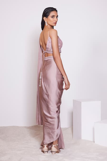 Shop Panihari Pink Silk, Satin Cut Work, Sequins, Beads V-neck Pre-draped Skirt Saree Set at Aza Fashions Shop_Panihari_Pink Silk, Satin Cut Work, Sequins, Beads V-neck Pre-draped Skirt Saree Set _at_Aza_Fashions