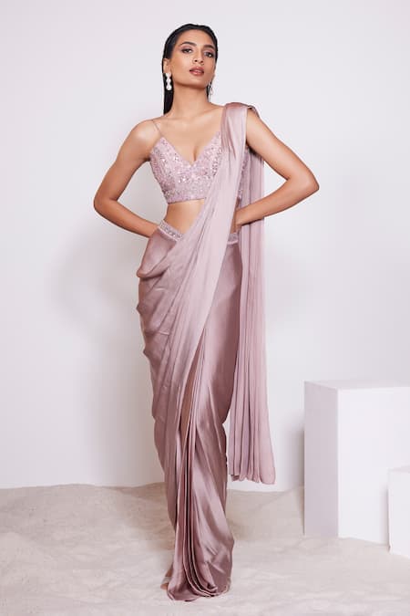 Panihari Pink Silk, Satin Cut Work, Sequins, Beads V-neck Pre-draped Skirt Saree Set Online at Aza Fashions Panihari_Pink Silk, Satin Cut Work, Sequins, Beads V-neck Pre-draped Skirt Saree Set _Online_at_Aza_Fashions