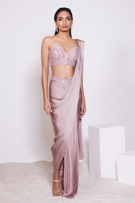 Buy Panihari Pink Silk, Satin Cut Work, Sequins, Beads V-neck Pre-draped Skirt Saree Set Online at Aza Fashions Buy_Panihari_Pink Silk, Satin Cut Work, Sequins, Beads V-neck Pre-draped Skirt Saree Set _Online_at_Aza_Fashions