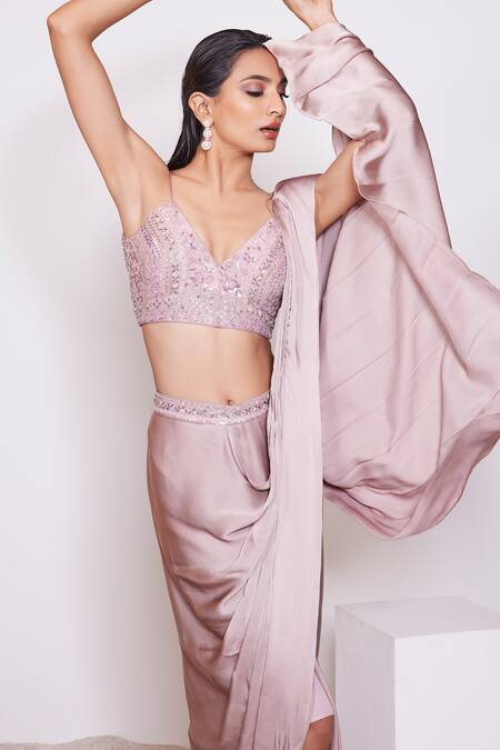 Shop Panihari Pink Silk, Satin Cut Work, Sequins, Beads V-neck Pre-draped Skirt Saree Set Online at Aza Fashions Shop_Panihari_Pink Silk, Satin Cut Work, Sequins, Beads V-neck Pre-draped Skirt Saree Set _Online_at_Aza_Fashions
