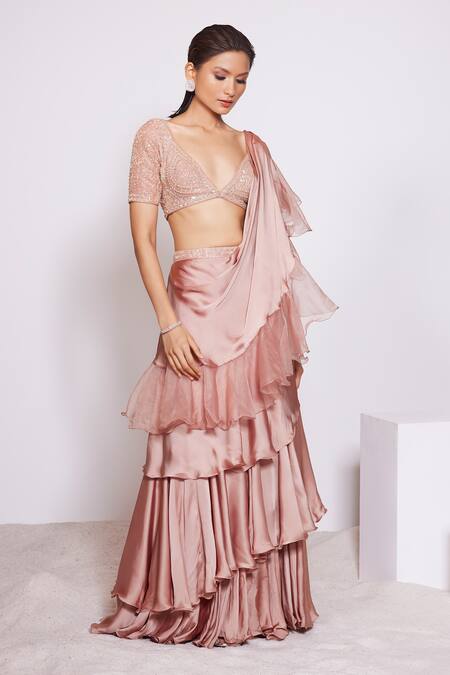 Panihari_Rose Gold Silk, Satin, Organza Sequins, Beads Pre-draped Ruffle Skirt Saree Set _Online_at_Aza_Fashions