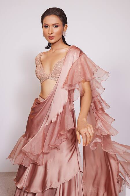 Shop_Panihari_Rose Gold Silk, Satin, Organza Sequins, Beads Pre-draped Ruffle Skirt Saree Set _Online_at_Aza_Fashions