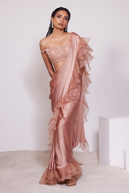 PANIHARI Rose Gold Saree Skirt Satin Crepe Embroidered Pre-draped Organza Ruffle Set