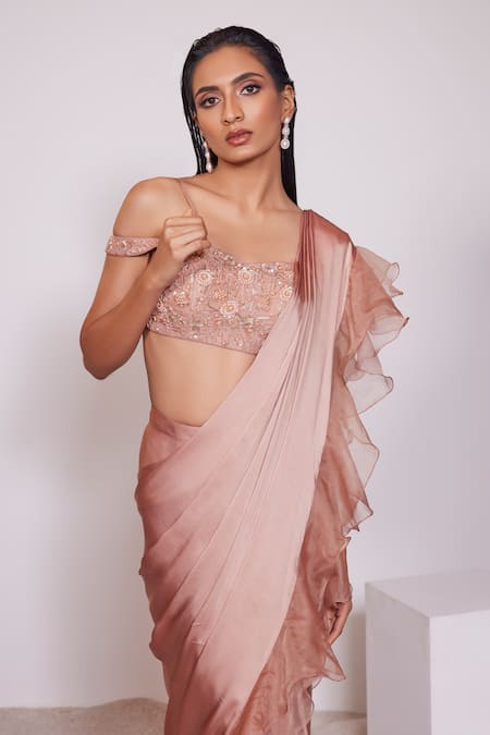 Panihari_Rose Gold Silk, Satin, Organza Sequins, Pre-draped Ruffle Skirt Saree Set _Online_at_Aza_Fashions