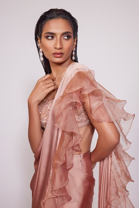 Buy_Panihari_Rose Gold Silk, Satin, Organza Sequins, Pre-draped Ruffle Skirt Saree Set _Online_at_Aza_Fashions
