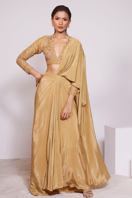 PANIHARI Yellow Saree Skirt Crepe Embroidered Sequin Pre-draped Organza With Blouse