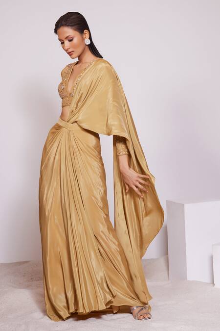 Panihari Yellow Silk Sequins Plunge Neck Pre-draped Organza Skirt Saree With Blouse Online at Aza Fashions Panihari_Yellow Silk Sequins Plunge Neck Pre-draped Organza Skirt Saree With Blouse _Online_at_Aza_Fashions