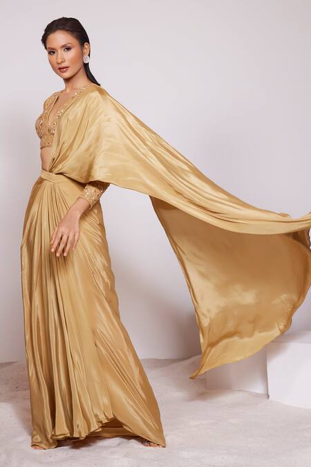 Buy Panihari Yellow Silk Sequins Plunge Neck Pre-draped Organza Skirt Saree With Blouse Online at Aza Fashions Buy_Panihari_Yellow Silk Sequins Plunge Neck Pre-draped Organza Skirt Saree With Blouse _Online_at_Aza_Fashions