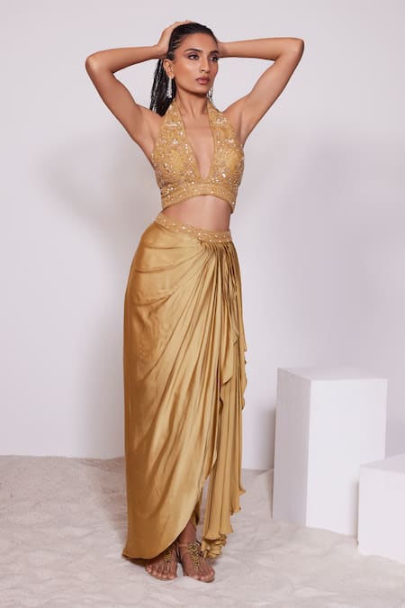 PANIHARI Yellow Skirt Satin Crepe Embroidered Sequin Halter Neck Blouse With Draped