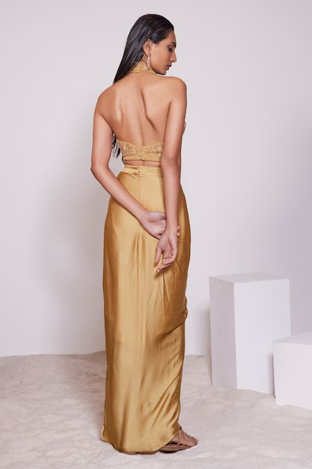 Panihari Halter Neck Embroidered Blouse With Draped Skirt 