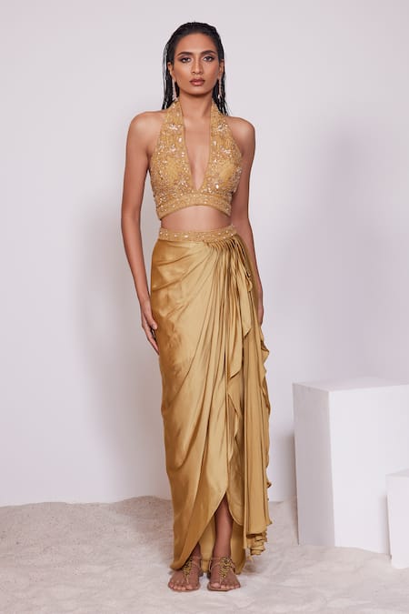 Panihari Yellow Skirt Satin Crepe Embroidered Sequin Halter Neck Blouse With Draped Online at Aza Fashions Panihari_Yellow Skirt Satin Crepe Embroidered Sequin Halter Neck Blouse With Draped _Online_at_Aza_Fashions