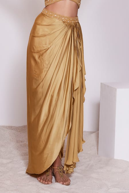 Shop Panihari Yellow Skirt Satin Crepe Embroidered Sequin Halter Neck Blouse With Draped Online at Aza Fashions Shop_Panihari_Yellow Skirt Satin Crepe Embroidered Sequin Halter Neck Blouse With Draped _Online_at_Aza_Fashions