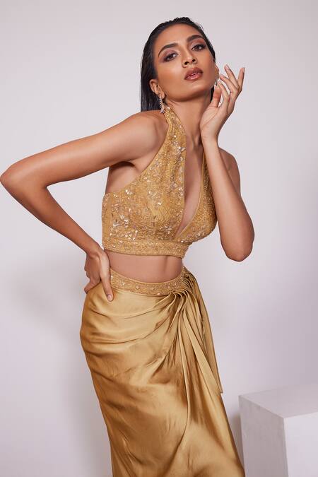 Panihari Yellow Skirt Satin Crepe Embroidered Sequin Halter Neck Blouse With Draped at Aza Fashions Panihari_Yellow Skirt Satin Crepe Embroidered Sequin Halter Neck Blouse With Draped _at_Aza_Fashions