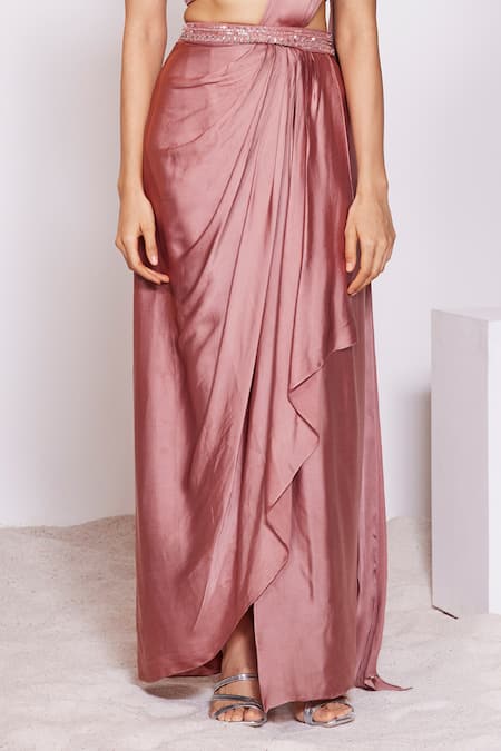 Panihari_Red Silk, Satin Sequins, Pearls, Embroidery Pre-draped Skirt Saree With Blouse _Online_at_Aza_Fashions