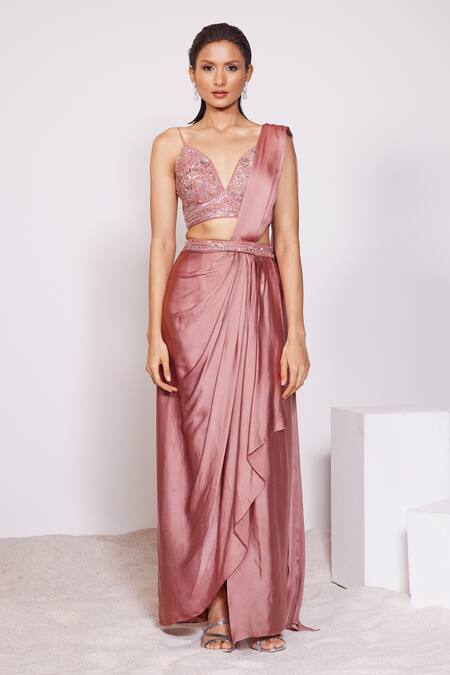 Buy_Panihari_Red Silk, Satin Sequins, Pearls, Embroidery Pre-draped Skirt Saree With Blouse _Online_at_Aza_Fashions