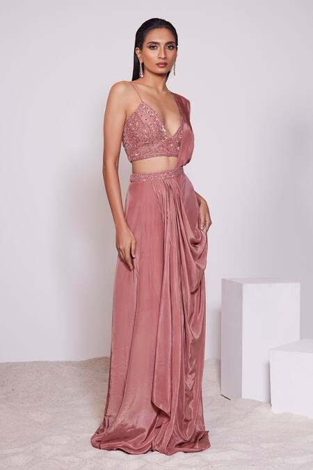 Panihari Red Silk, Satin Sequins, Beads, Pre-draped Skirt Saree With Floral Blouse Online at Aza Fashions Panihari_Red Silk, Satin Sequins, Beads, Pre-draped Skirt Saree With Floral Blouse _Online_at_Aza_Fashions