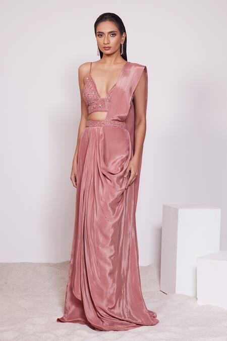 Shop Panihari Red Silk, Satin Sequins, Beads, Pre-draped Skirt Saree With Floral Blouse Online at Aza Fashions Shop_Panihari_Red Silk, Satin Sequins, Beads, Pre-draped Skirt Saree With Floral Blouse _Online_at_Aza_Fashions