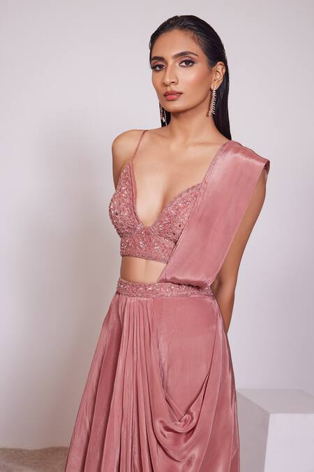 Panihari Red Silk, Satin Sequins, Beads, Pre-draped Skirt Saree With Floral Blouse at Aza Fashions Panihari_Red Silk, Satin Sequins, Beads, Pre-draped Skirt Saree With Floral Blouse _at_Aza_Fashions