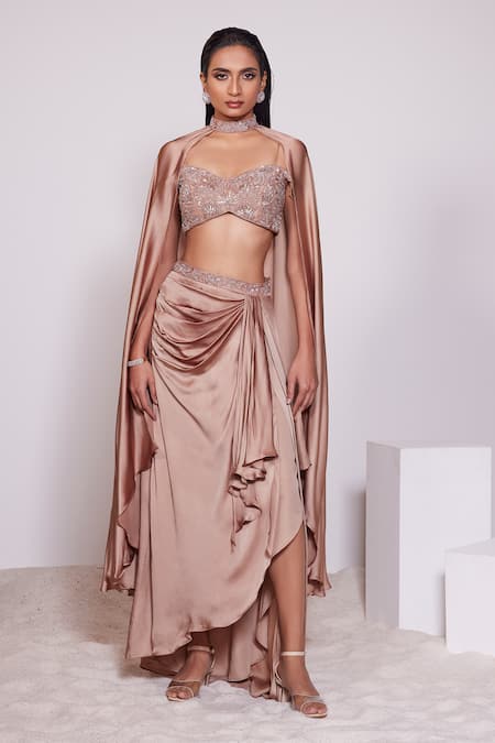 PANIHARI Brown Skirt And Dupatta Satin Crepe Embroidered Sequin Blouse And Draped Set