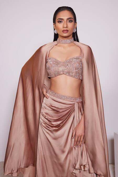 Shop_Panihari_Brown Skirt And Dupatta Satin Crepe Embroidered Sequin Blouse And Draped Set _Online_at_Aza_Fashions