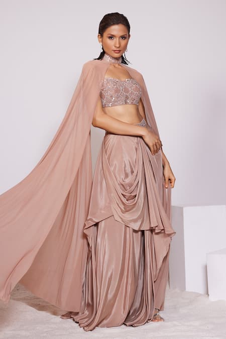 Buy Panihari Brown Skirt Crepe Embroidered Sequin Sweetheart Draped And Blouse Set Online at Aza Fashions Buy_Panihari_Brown Skirt Crepe Embroidered Sequin Sweetheart Draped And Blouse Set _Online_at_Aza_Fashions