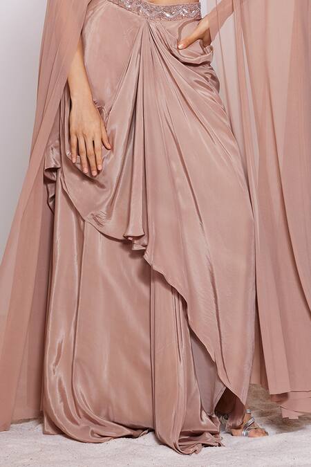 Shop Panihari Brown Skirt Crepe Embroidered Sequin Sweetheart Draped And Blouse Set Online at Aza Fashions Shop_Panihari_Brown Skirt Crepe Embroidered Sequin Sweetheart Draped And Blouse Set _Online_at_Aza_Fashions