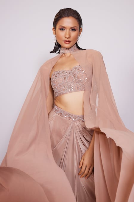 Panihari Brown Skirt Crepe Embroidered Sequin Sweetheart Draped And Blouse Set at Aza Fashions Panihari_Brown Skirt Crepe Embroidered Sequin Sweetheart Draped And Blouse Set _at_Aza_Fashions