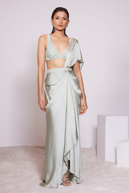 Panihari Pre-Draped Skirt Saree With Floral Embroidered Blouse 