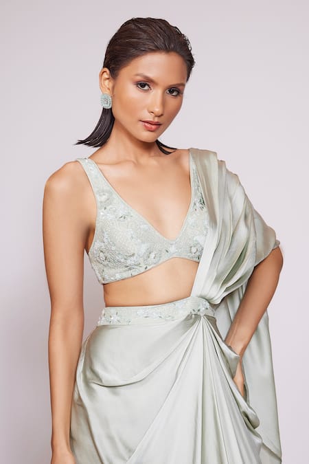Buy Panihari Green Silk, Satin Cut Pre-draped Skirt Saree With Floral Embroidered Blouse Online at Aza Fashions Buy_Panihari_Green Silk, Satin Cut Pre-draped Skirt Saree With Floral Embroidered Blouse _Online_at_Aza_Fashions