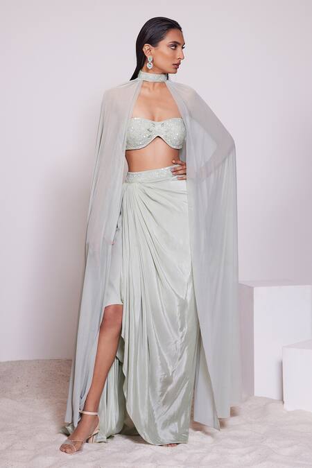 Panihari_Green Silk, Crepe, Lycra Beads, Sequins, Cut Tube Blouse And Draped Skirt Set _Online_at_Aza_Fashions