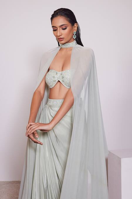 Shop_Panihari_Green Silk, Crepe, Lycra Beads, Sequins, Cut Tube Blouse And Draped Skirt Set _Online_at_Aza_Fashions