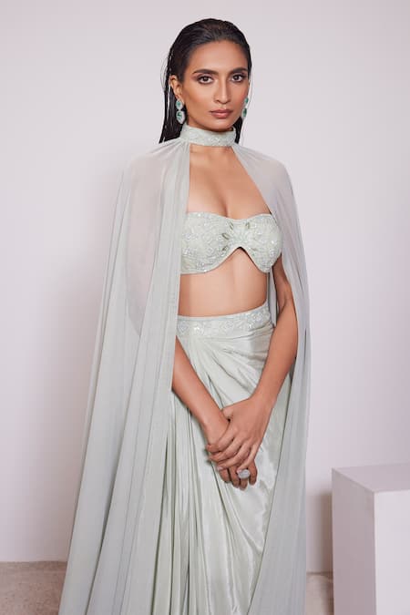 Panihari_Green Silk, Crepe, Lycra Beads, Sequins, Cut Tube Blouse And Draped Skirt Set _at_Aza_Fashions