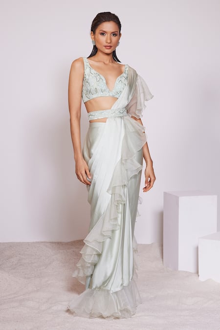 Panihari Green Silk, Organza, Satin Sequins, Pre-draped Ruffle Skirt Saree With Blouse Online at Aza Fashions Panihari_Green Silk, Organza, Satin Sequins, Pre-draped Ruffle Skirt Saree With Blouse _Online_at_Aza_Fashions