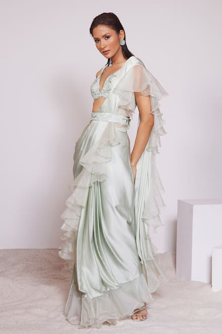 Buy Panihari Green Silk, Organza, Satin Sequins, Pre-draped Ruffle Skirt Saree With Blouse Online at Aza Fashions Buy_Panihari_Green Silk, Organza, Satin Sequins, Pre-draped Ruffle Skirt Saree With Blouse _Online_at_Aza_Fashions