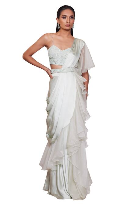 Panihari Green Silk, Satin Cut Work, Sequins, Pre-draped Ruffle Skirt Saree With Blouse Online at Aza Fashions Panihari_Green Silk, Satin Cut Work, Sequins, Pre-draped Ruffle Skirt Saree With Blouse _Online_at_Aza_Fashions