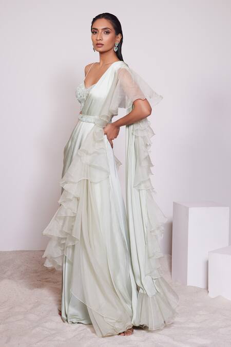 Buy Panihari Green Silk, Satin Cut Work, Sequins, Pre-draped Ruffle Skirt Saree With Blouse Online at Aza Fashions Buy_Panihari_Green Silk, Satin Cut Work, Sequins, Pre-draped Ruffle Skirt Saree With Blouse _Online_at_Aza_Fashions