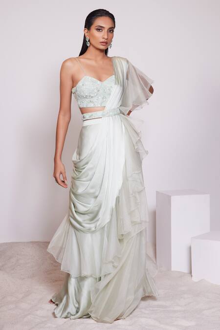 Shop Panihari Green Silk, Satin Cut Work, Sequins, Pre-draped Ruffle Skirt Saree With Blouse Online at Aza Fashions Shop_Panihari_Green Silk, Satin Cut Work, Sequins, Pre-draped Ruffle Skirt Saree With Blouse _Online_at_Aza_Fashions