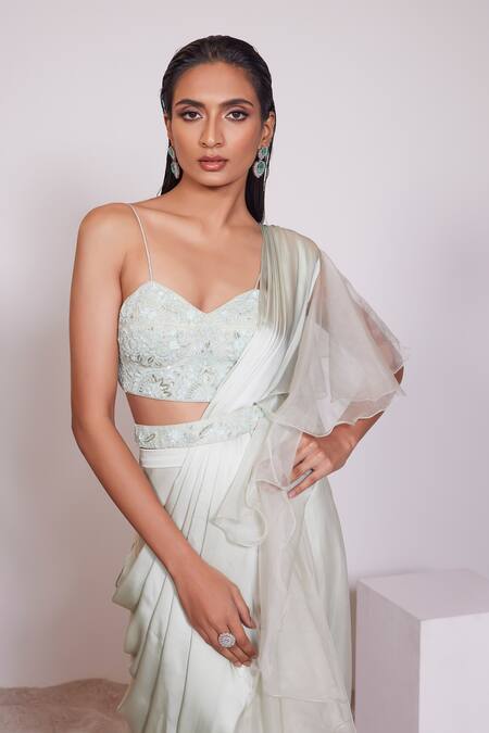 Panihari Green Silk, Satin Cut Work, Sequins, Pre-draped Ruffle Skirt Saree With Blouse at Aza Fashions Panihari_Green Silk, Satin Cut Work, Sequins, Pre-draped Ruffle Skirt Saree With Blouse _at_Aza_Fashions