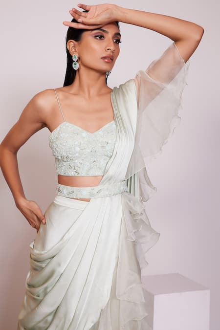 Buy Panihari Green Silk, Satin Cut Work, Sequins, Pre-draped Ruffle Skirt Saree With Blouse Buy_Panihari_Green Silk, Satin Cut Work, Sequins, Pre-draped Ruffle Skirt Saree With Blouse